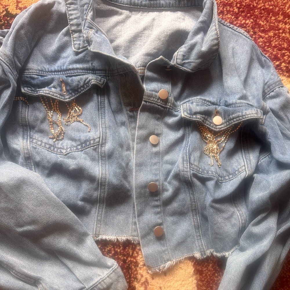 SHEIN Blue Denim Jacket with Silver bead Accents. Plus size fits 2X/4X
